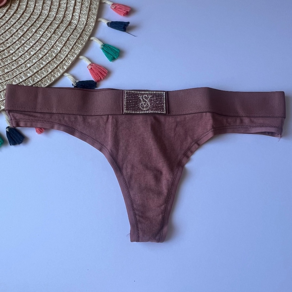 Victoria's Secret Logo Cotton Shine Patch Thong Panty Pretty Vintage Rose XS NEW